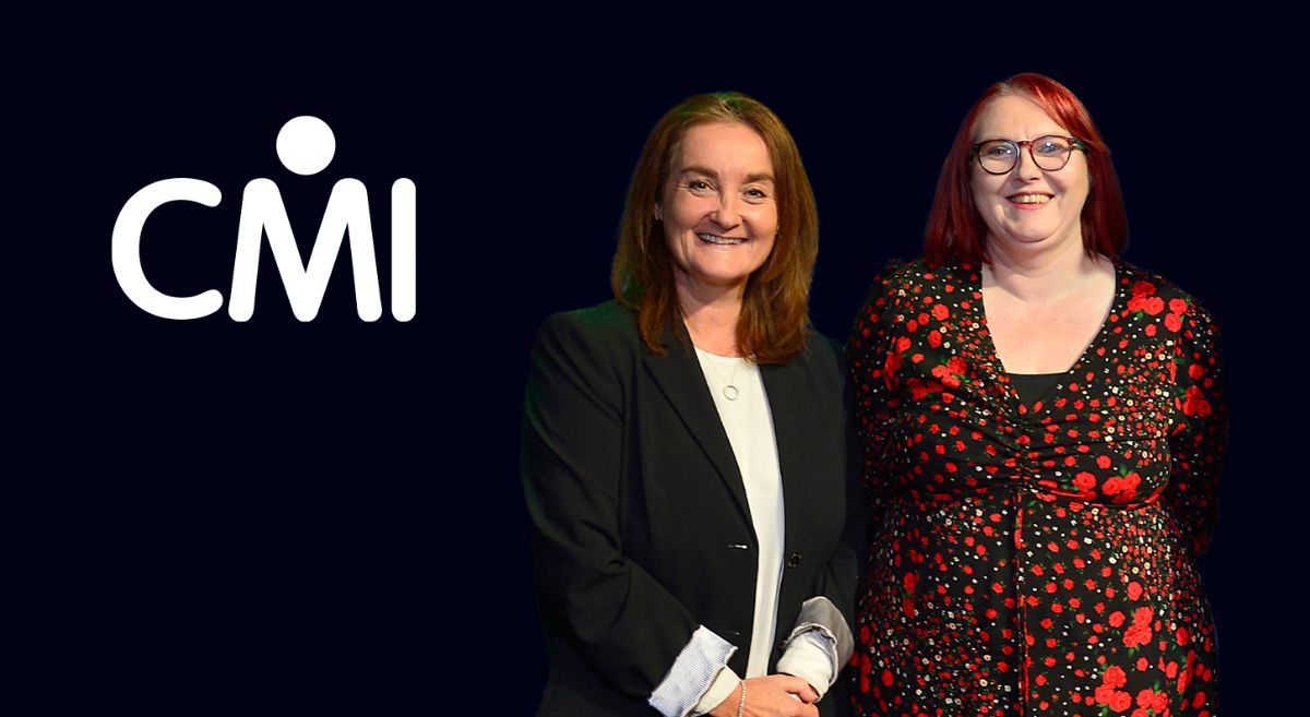 Two women, Jenny McConnell wearing dark jacket and white top, and Linda McKendry wearing black and red print dress pictured against a dark background with CMI logo top left 